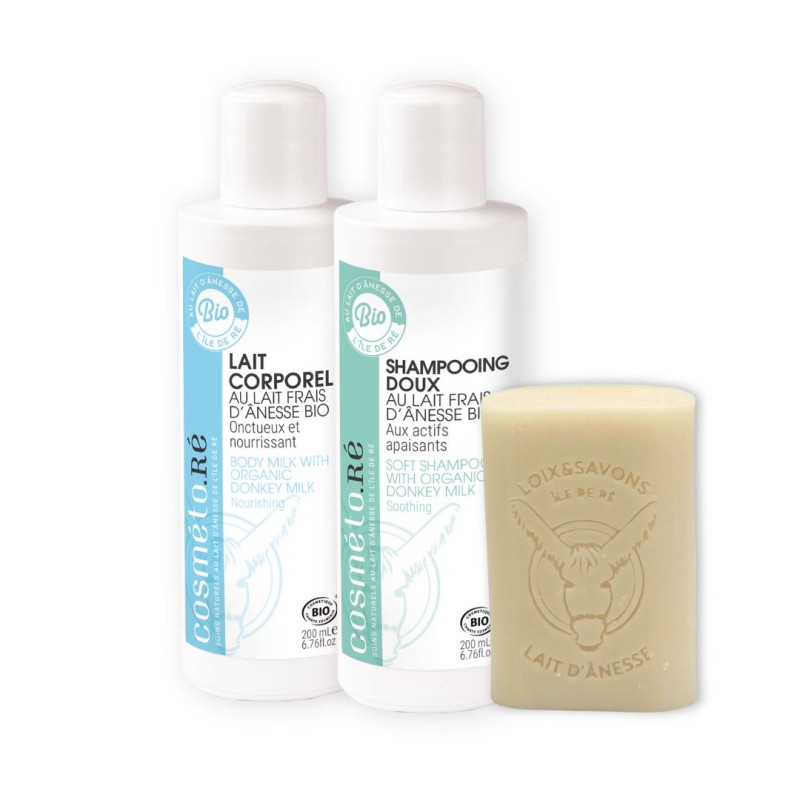 Pack soin shampoing, lait corps, et savon au lait d'anesse